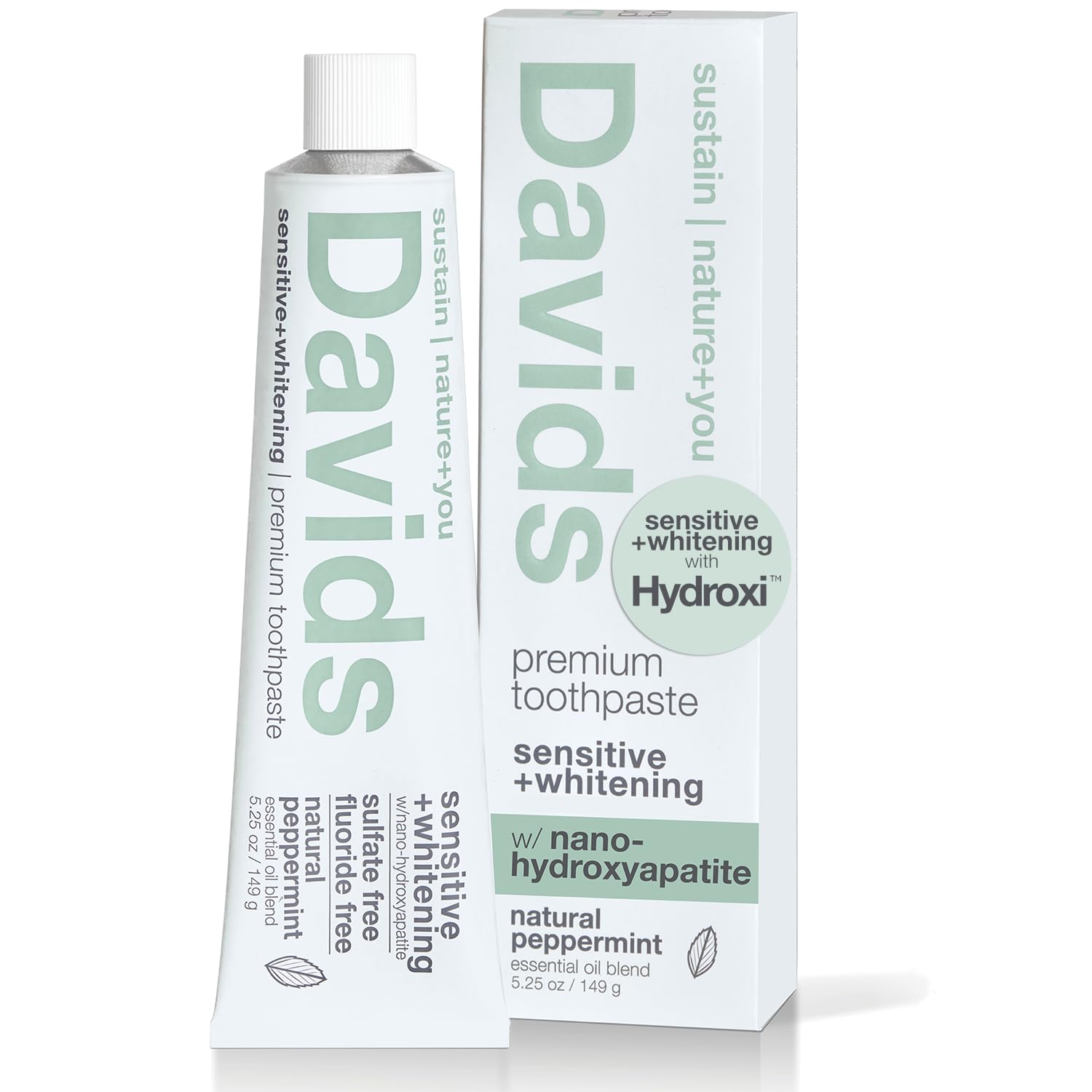 Davids Fluoride Free Nano Hydroxyapatite Toothpaste for Remineralizing Enamel & Sensitive Relief, Whitening, Antiplaque, SLS Free, Natural Peppermint, 5.25oz, Made in USA