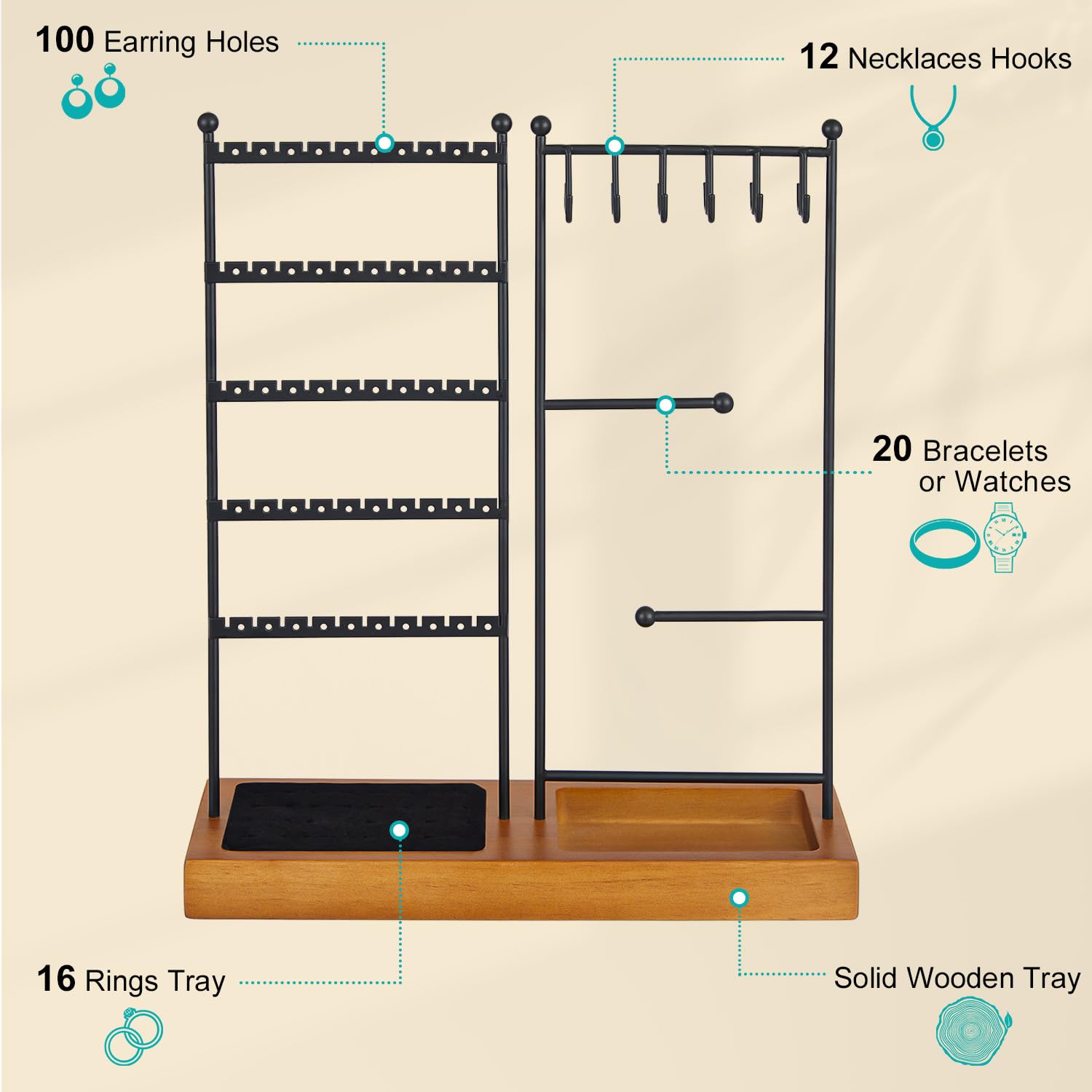 Jewelry Organizer with Earring Holder,Necklace Holder with Ring Tray, Jewelry Stand Tree Holder Organizer For Earring Ring Necklace Bracelet Display and Storage,12 Hooks,100 Earring Holes,16 Ring Slot