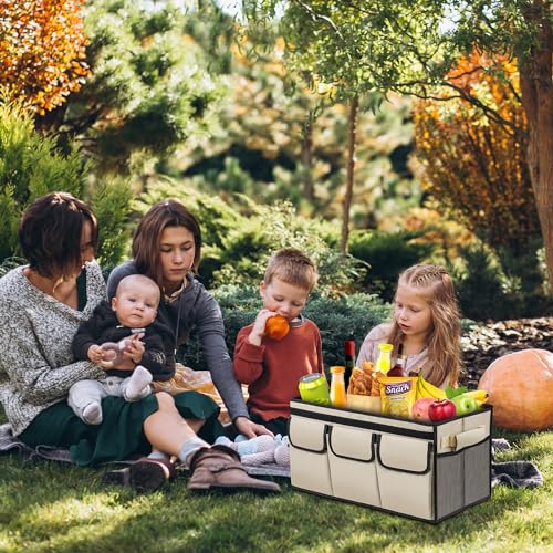 Car Trunk Storage Organizer With Lid, Collapsible Multi Compartment SUV Trunk Organizer, Non Slip Bottom, Waterproof, Dust-proof, Durable Foldable Mesh Pockets Storage For More Trunk Space(M Beige)