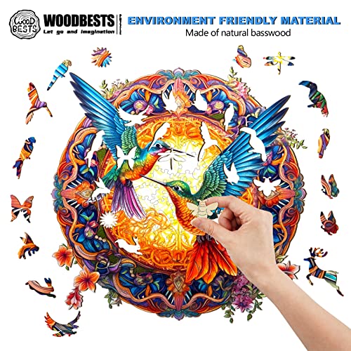 WOODBESTS Wooden Jigsaw Puzzle for Adults, Mandala Hummingbird Puzzle (S, 100pcs, 7.9"x7.9") Beautiful Wooden Box, Puzzle Wood Unique Shape, Birthday Gifts for Adults and Kids Family Game