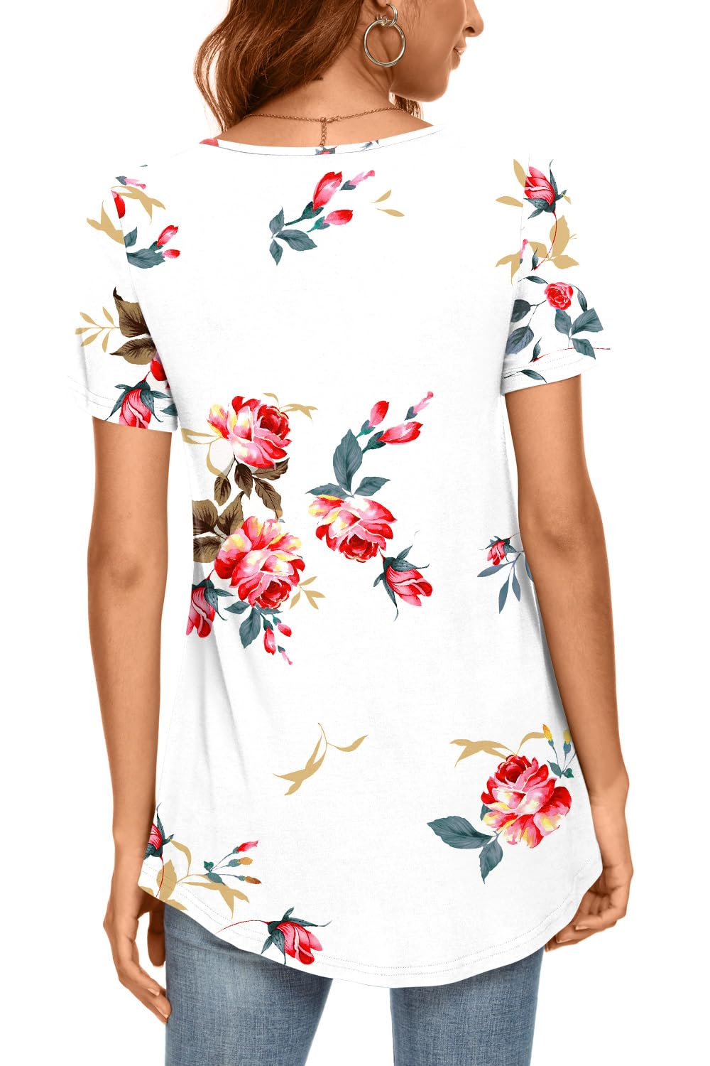 CATHY Women's 2025 Summer Short Sleeve Tunic Tops Loose Fit Comfy Blouses Casual Shirts for Leggings M-4XL,3XL,Floral White