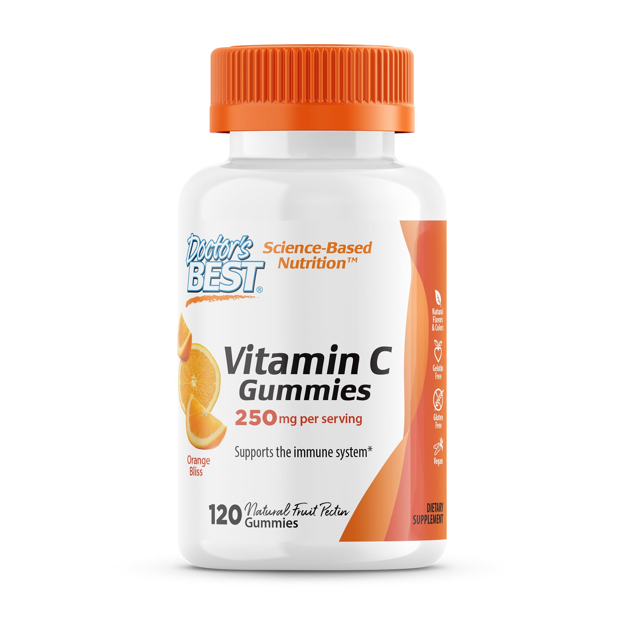 Doctor's Best, Vitamin C Gummies 250mg per Serving Great Tasting Immune Brain Eyes Heart Circulation Antioxidant Support Natural Pectin Vegan Gluten Free CT, Fruit, 120 Count