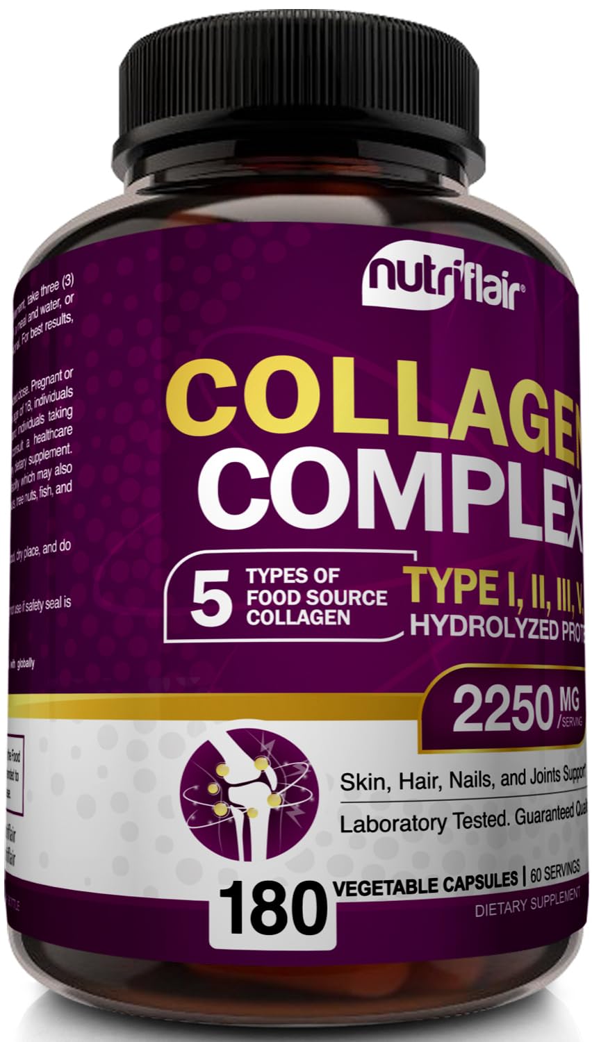 NutriFlair Multi Collagen Peptides 2250mg - Type I, II, III, V, X - Collagen Supplements Complex Powder Pills for Women and Men - Hydrolyzed Protein, Healthy Hair, Skin, Nails - Non-GMO (180 Capsules)