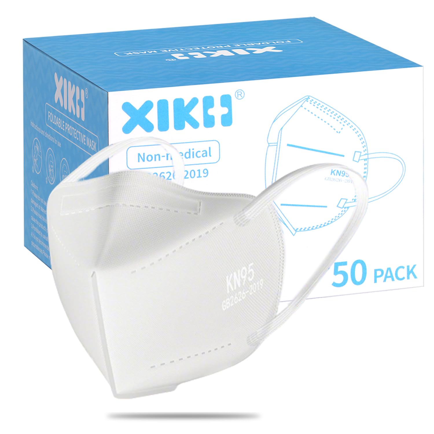 XIKII KN95 Face Masks 50 Pack 5-Ply Breathable & High Elastic Ear Loops, Alike N95 Masks for Adults 95% Filtration Efficient Foldable Mask Adjustable Nose Clip for Outdoor Activities