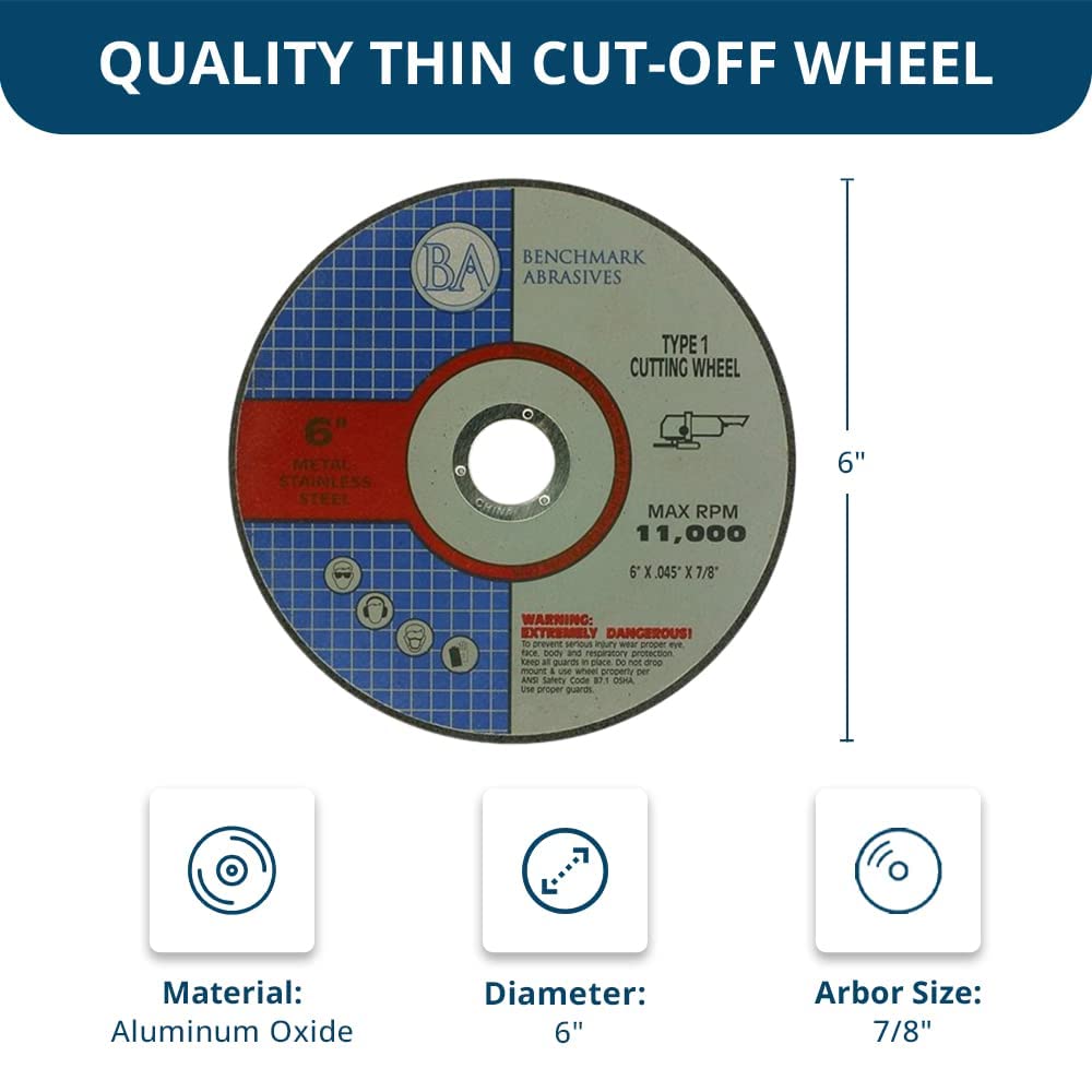 Benchmark Abrasives 6 Inch Cut Off Wheels Aluminum Oxide Self Sharpening for Metal and Steel, .045" Thick 7/8" Arbor, Angle Grinder Cutting Disc, Type 1 Thin Grinding Cutting Wheel - 100 Pack