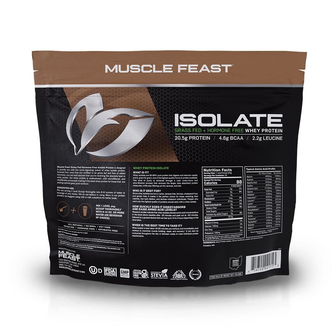 Muscle Feast Grass-Fed Whey Protein Isolate, All Natural Hormone Free Pasture Raised, Chocolate, 5lb (94 Servings)