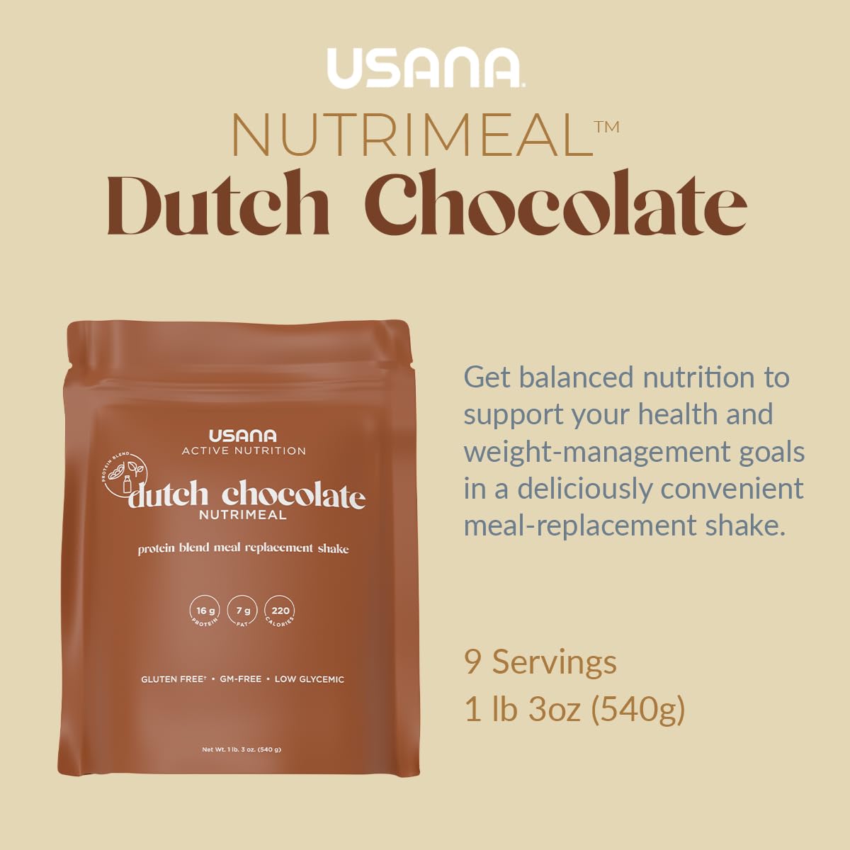 USANA Nutrimeal Meal Replacement Shake - Dutch Chocolate - Non-GMO - Gluten Free - Low Glycemic - 540 Grams - 9 Servings