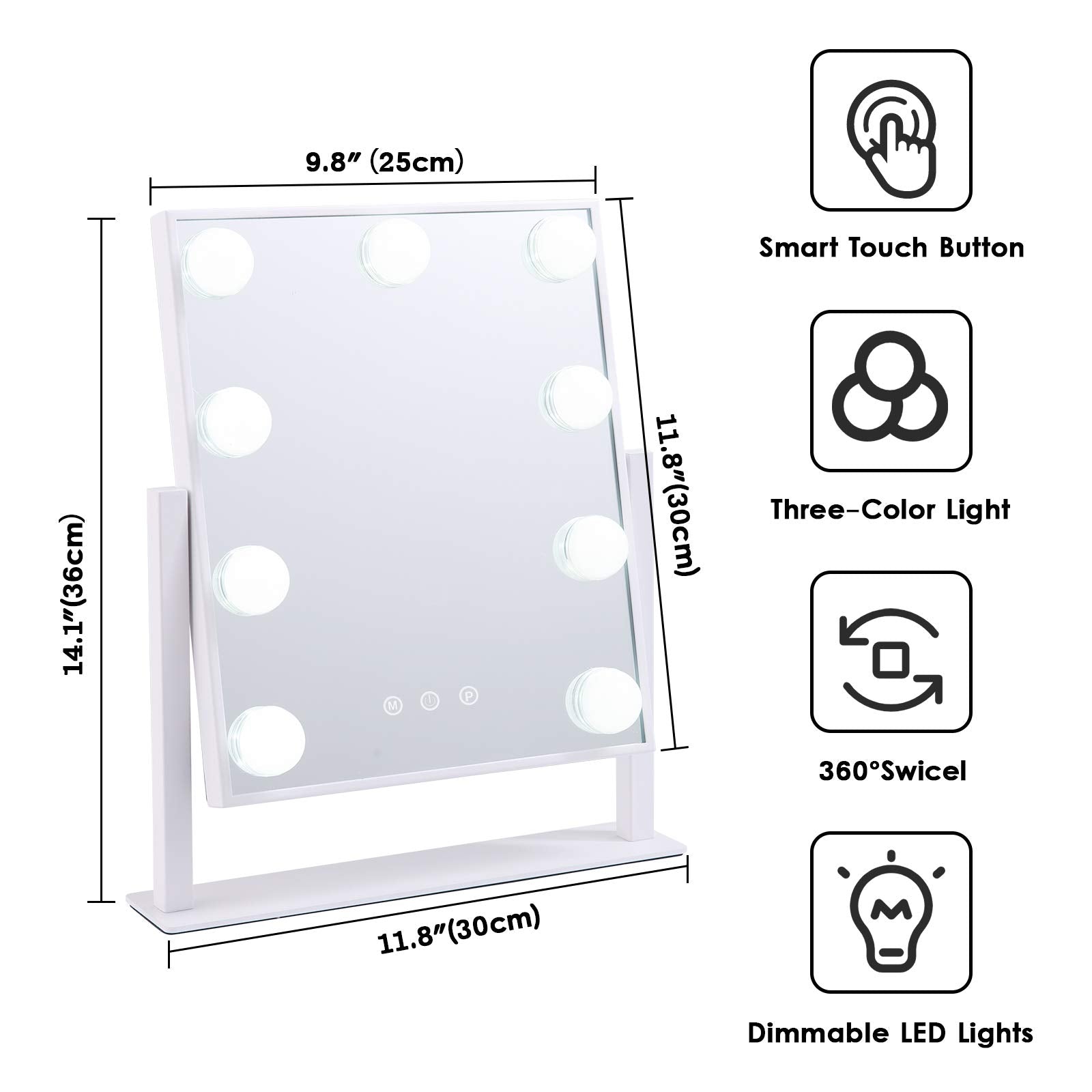 BWLLNI Lighted Makeup Mirror Hollywood Mirror Vanity Mirror with Lights, Touch Control Design 3 Colors Dimable LED Bulbs, Detachable 10X Magnification, 360°Rotation, White