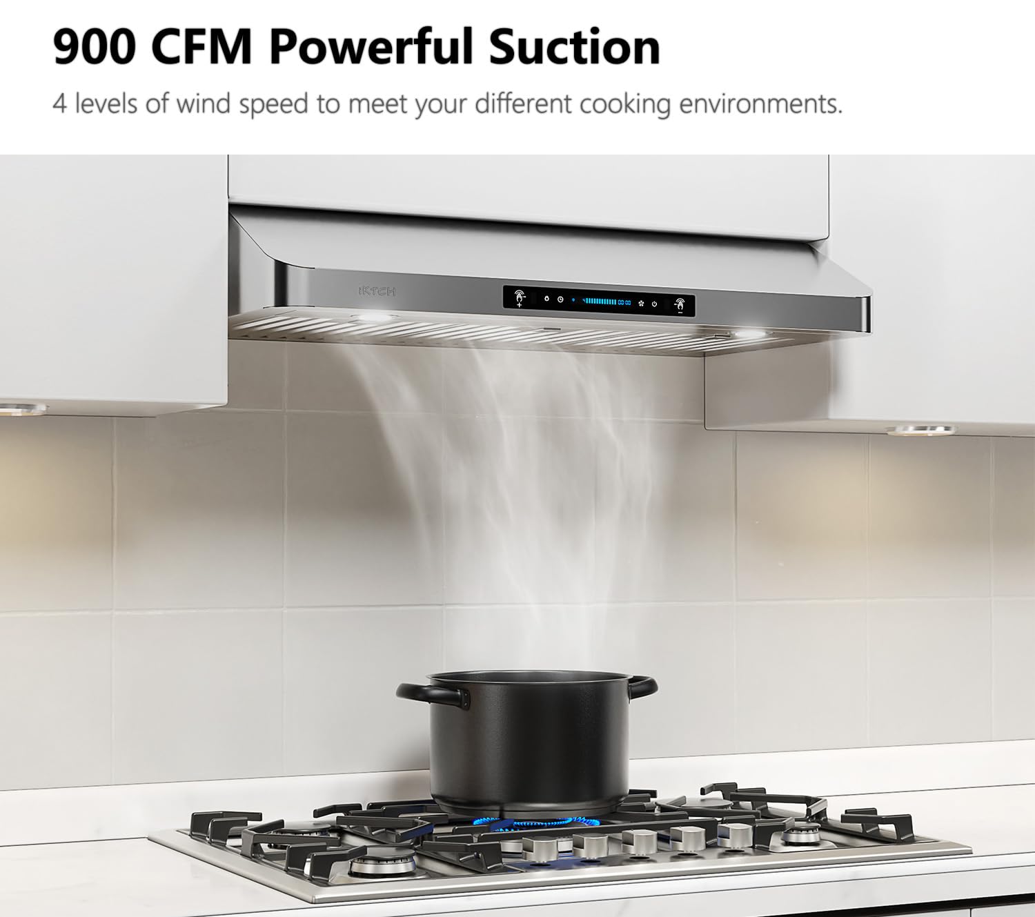 IKTCH 42 Inch Under Cabinet Range Hood with 900-CFM, 4 Speed Gesture Sensing&Touch Control Panel, Stainless Steel Kitchen Vent with 3 Pcs Baffle Filters(IKC01-42)