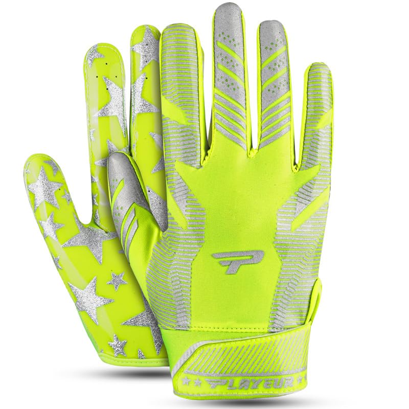PLAYEUR Sticky Receiver Adult and Kids Football Gloves - Stretch Fit, Durable Grip | Youth Football Gloves for Boys 8-12 in Vibrant Colors