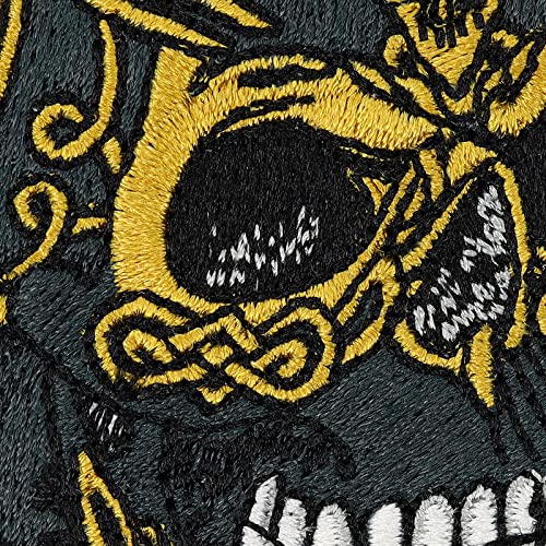 SKULL Patch pirates | Golden skull iron-on patch for all fabrics & leather | Skull head sticker for clothing and leather | tribal badge halloween accessory emblem | 2.75x2.28 in