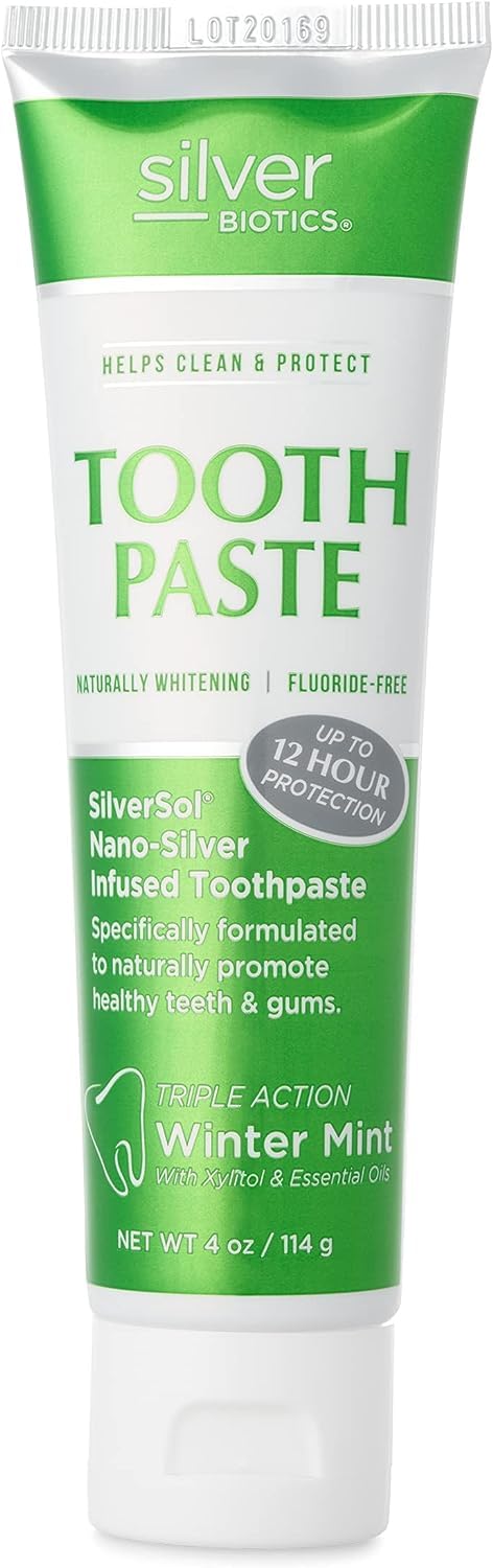 Silver Biotics Tooth Paste | SilverSol Ag₄O₄ 20 ppm Nano-Silver Infused + Above-Sea Coral Calcium | Naturally Whitening | Flouride-Free | Winter Mint | 4 oz