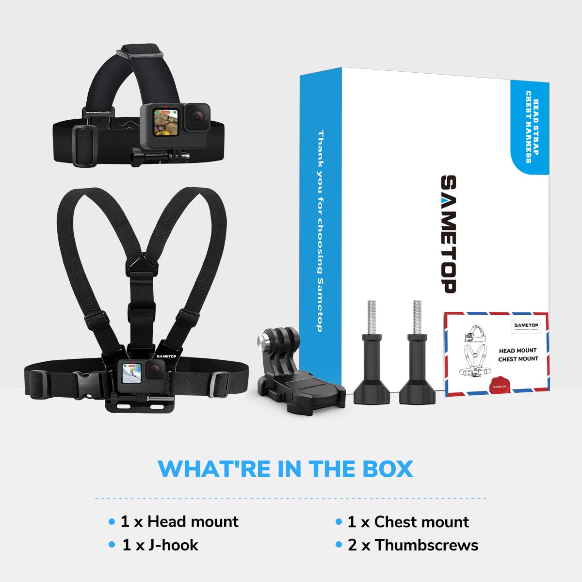 Sametop Head Mount Strap Chest Mount Harness Chesty Kit Compatible with GoPro Hero 13, 12, 11, 10, 9, 8, 7, 6, 5, 4, Session, 3+, 3, 2, 1, Hero (2018), Fusion, Max, DJI Osmo Action Cameras
