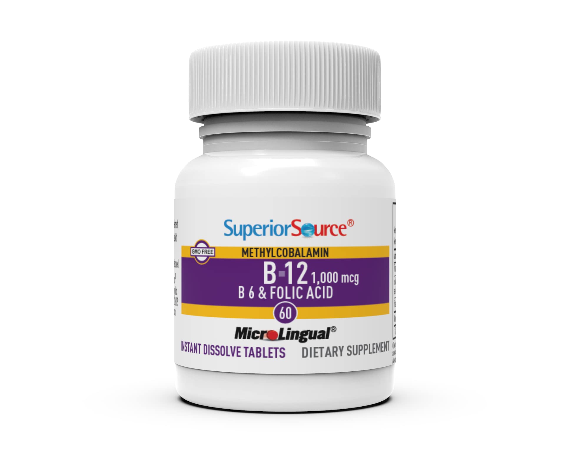 Superior Source No Shot Vitamin B12 Methylcobalamin (1000 mcg), B6, Folic Acid, Quick Dissolve MicroLingual Tablets, 60 Ct, Increase Energy, Healthy Heart, Boost Metabolism, Stress Support, Non-GMO