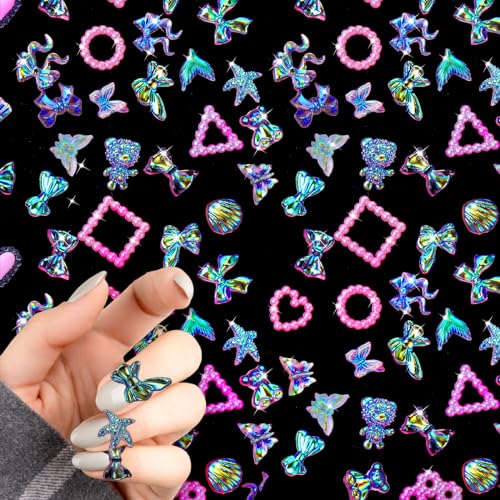 Grevosea 150 Pieces 3D Resin Nail Art Accessories Nail Decoration DIY Crafts Jewelry Accessories Rhinestone Pearl Crystal Gem Nail Pieces Butterfly Rose Bow Star Heart Triangle Animal(White)