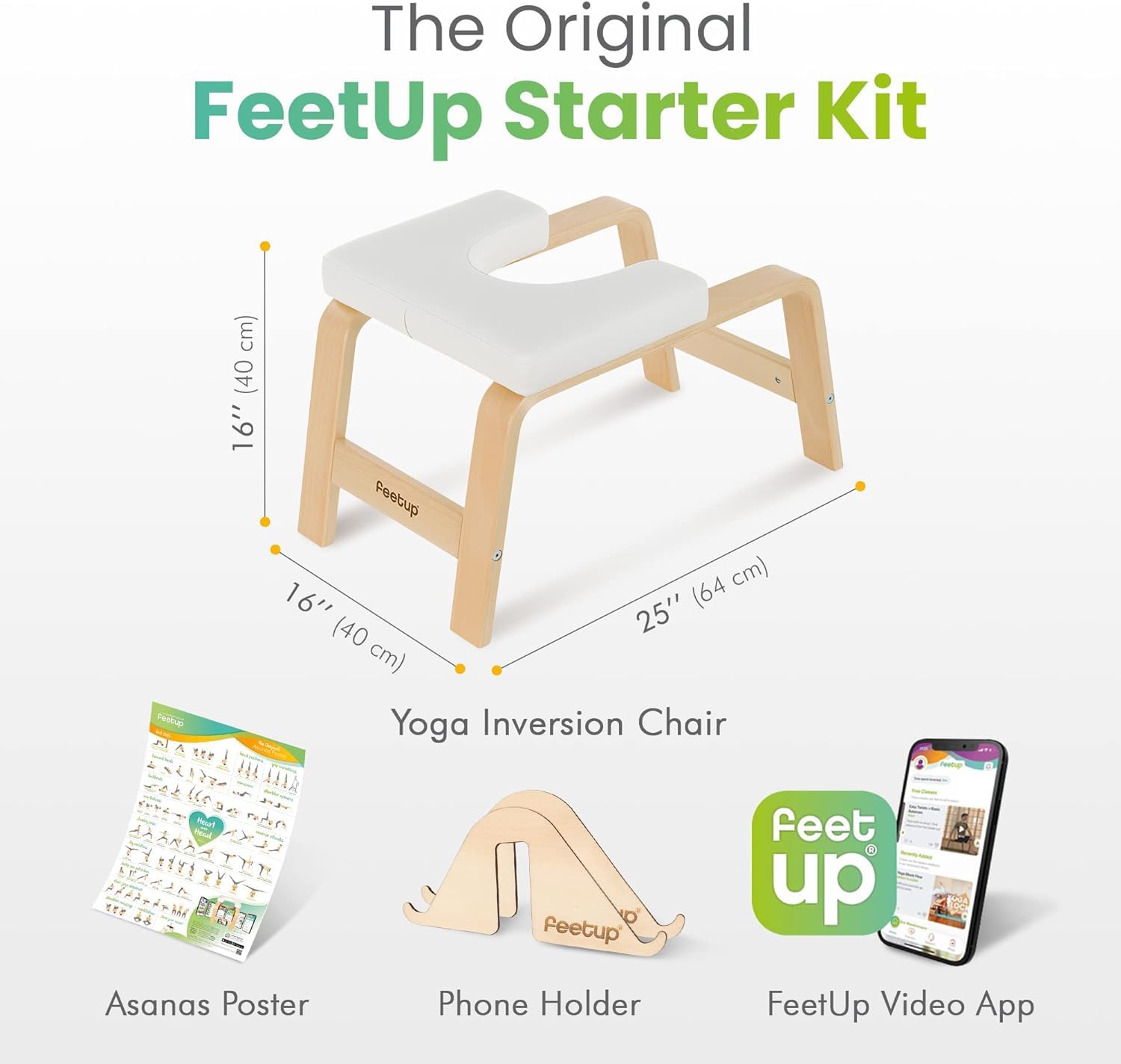 FeetUp - The Original Yoga Headstand Bench, Vegan Handstand Trainer Bench and Stand, Strength Training Inversion Equipment for Relaxation & Strength, Includes App & Starter Kit, Classic, White