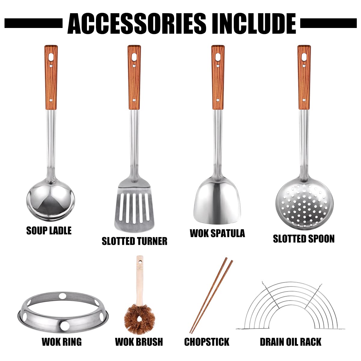 Teewe Carbon Steel Wok Traditional Hand Hammered - 13.4" Chinese Woks Round Bottom Wok Pan Set with 8 Pcs Cookware Accessories