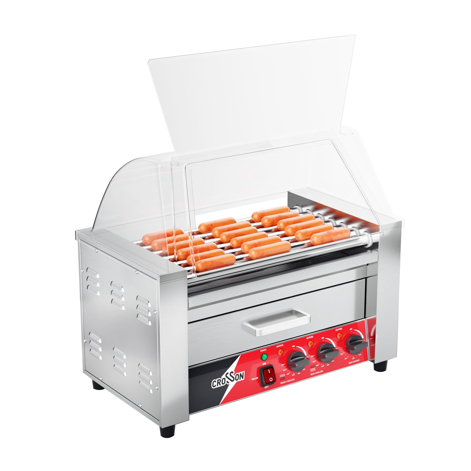 CROSSON Hot Dog 7 Roller with Bun Warmer&Transparent Sneeze Guard,Commercial 7 Nonstick 304 Roller Grill Cooker Machine