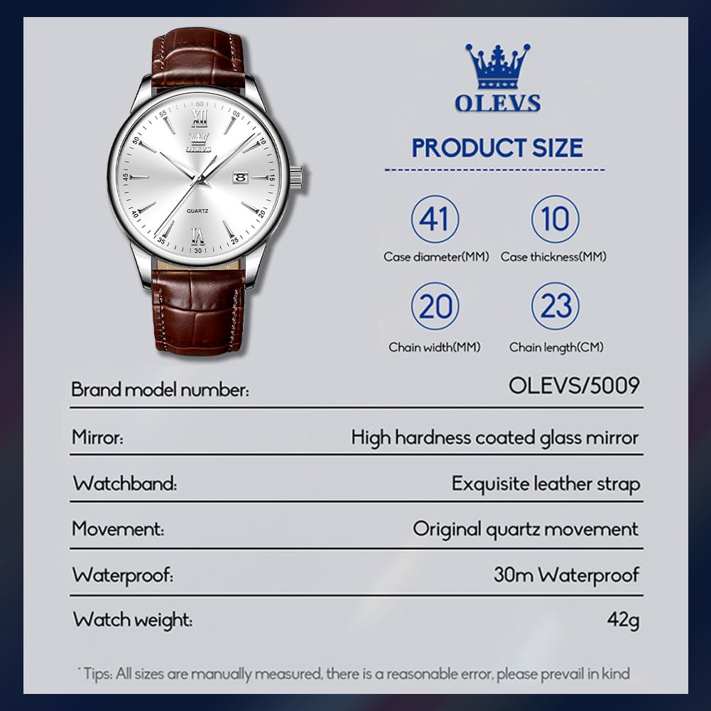 OLEVS Mens Watches Brown Leather Band Minimalist Men's Wrist Watches Silver Dress Watches for Men Waterproof Big Face Watch for Men Fashion Quartz with Date Man Watch relojes para Hombres