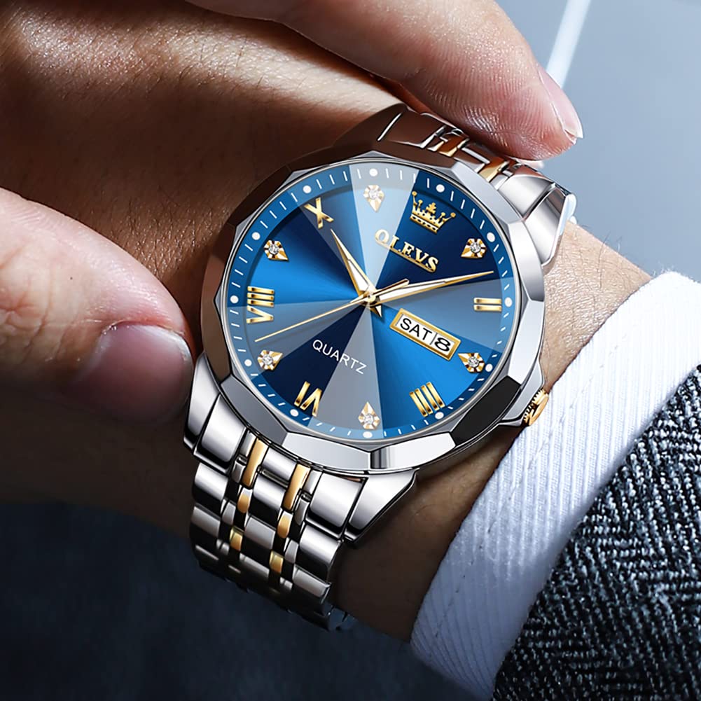 OLEVS Watch for Men Diamond Business Dress Analog Quartz Stainless Steel Waterproof Luminous Date Two Tone Luxury Casual Wrist Watch Blue