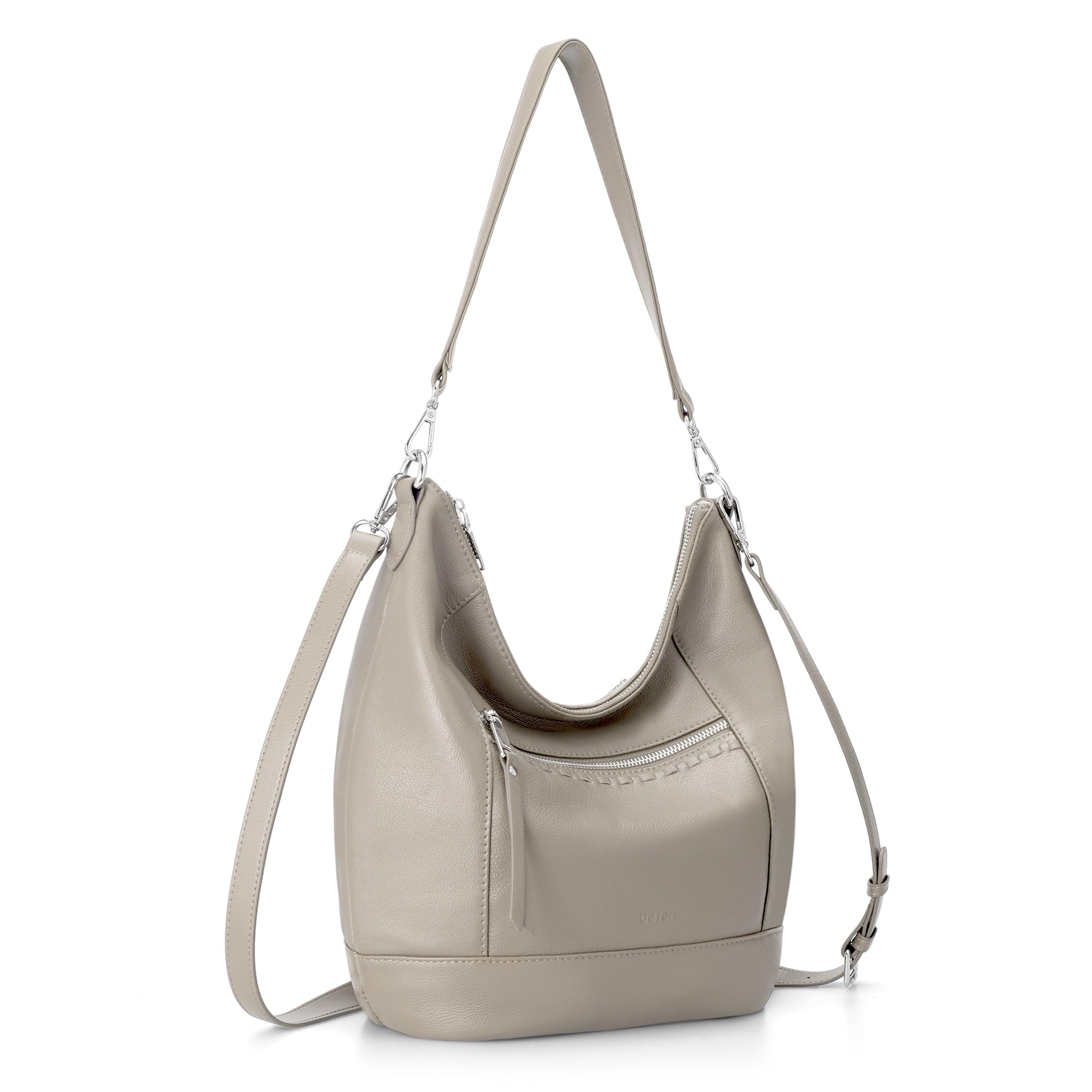 befen Soft Shoulder Bags for Women Genuine, Medium Leather Purses for Women, Ladies 100 Percent Leather Purse, Lightweight Shoulder Handbags Beige Grey