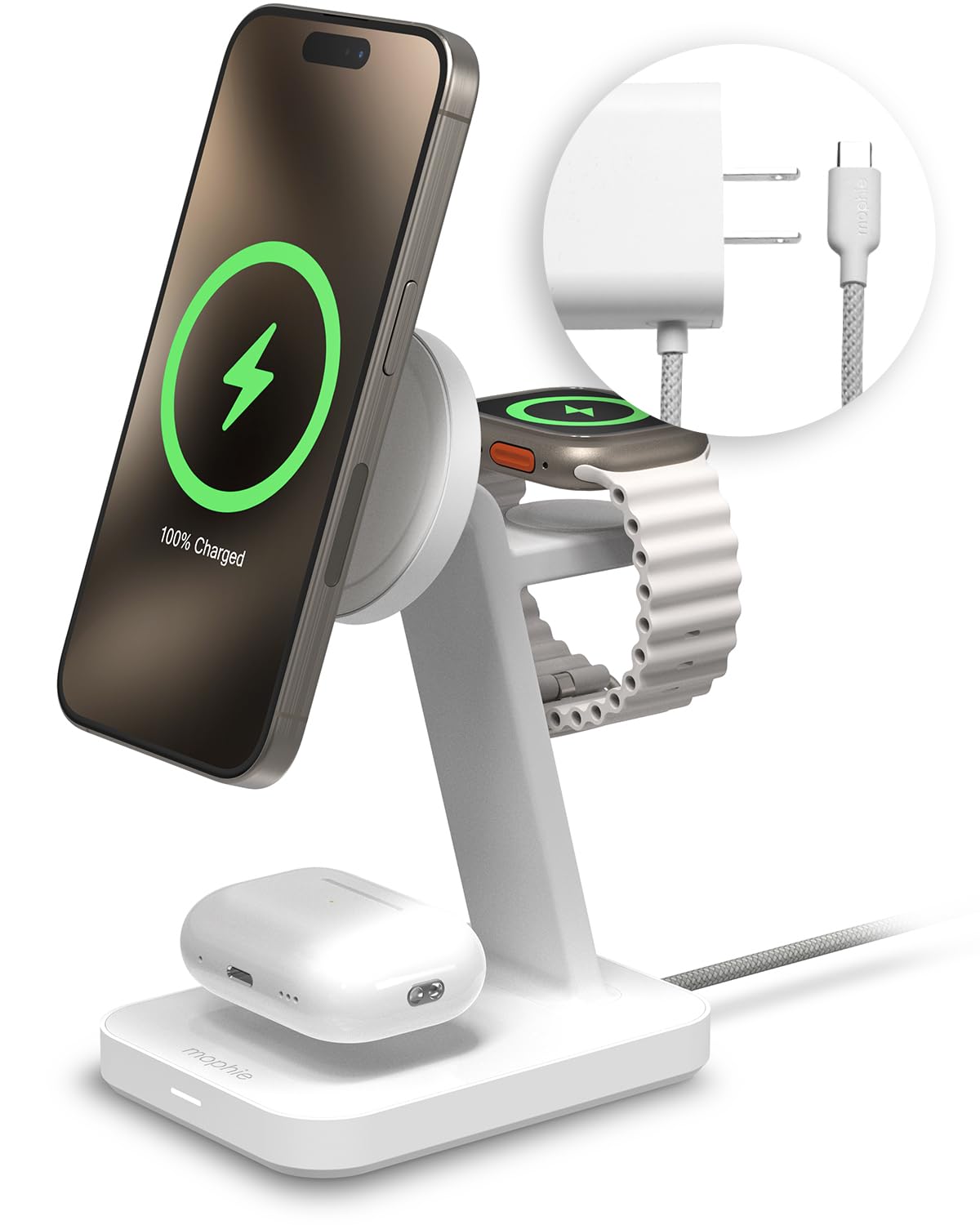 mophie Snap+ 3-in-1 Wireless Charging Stand - MagSafe & Qi2 Certified, Compatible with iPhone 16/15/14/13/12, Apple Watch, AirPods - Multi-Device Magnetic Charging Station, Eco-Friendly Design, White