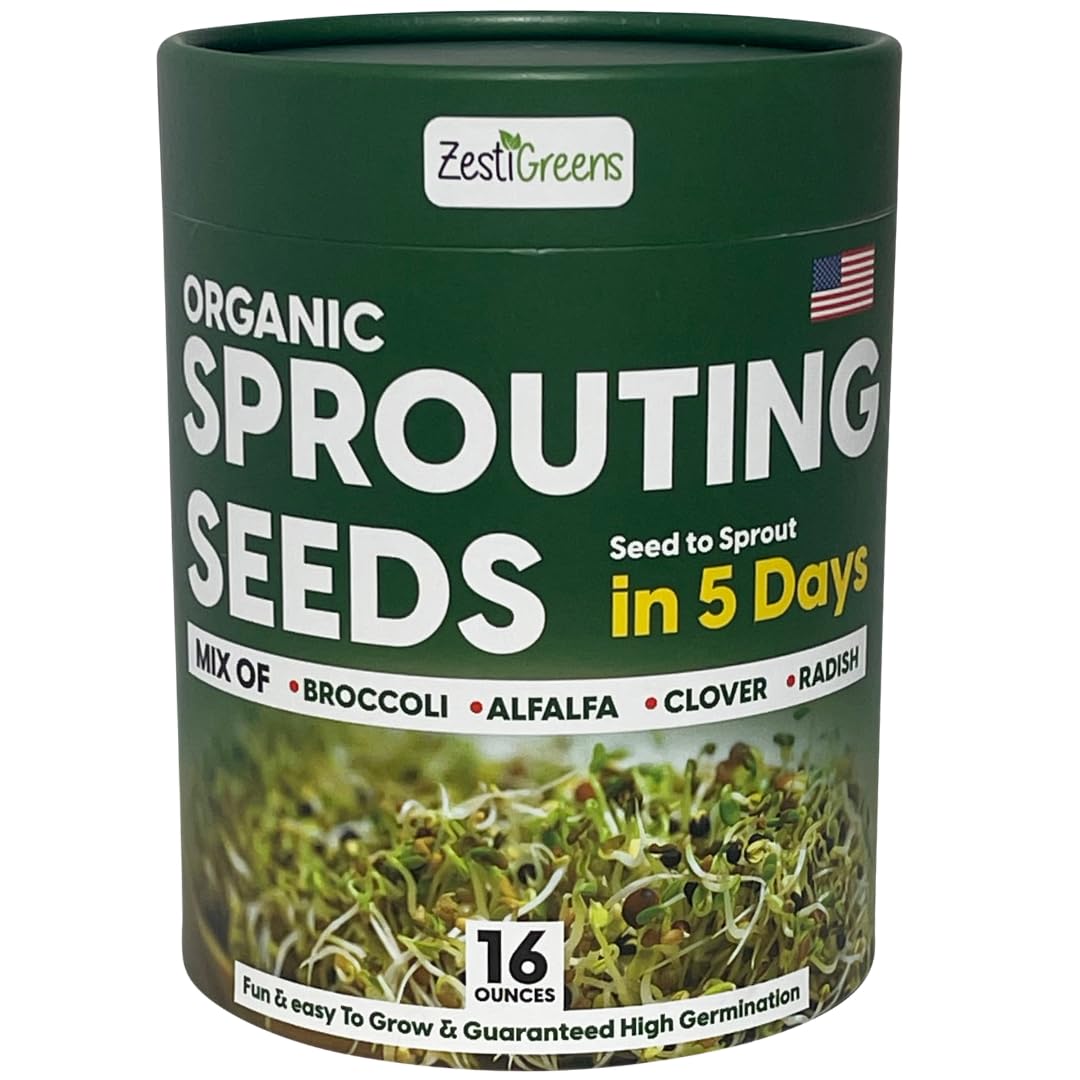 ZestiGreens Fresh Sprouting Seeds Mix (16oz) Broccoli, Alfalfa, Radish, Clover Seeds in Food Grade Colorful Container with Lid for Easier Scooping & Keeping Fresher