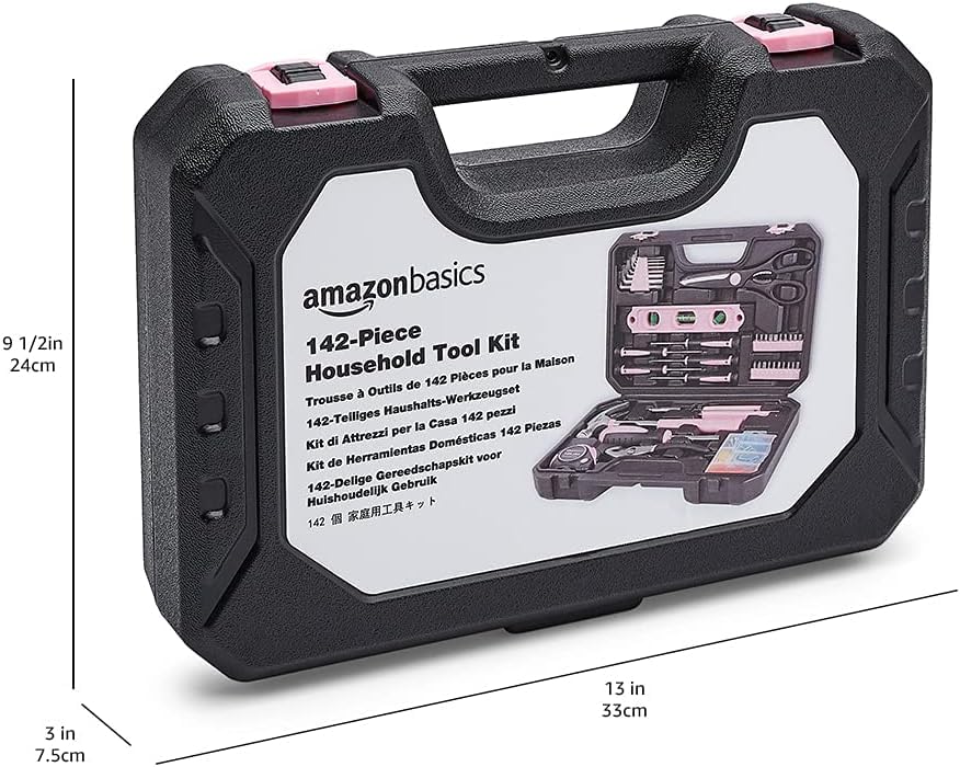 Amazon Basics Household Tool Kit With Storage Case, 142 Piece, Pink, 13.39 x 9.25 x 2.95 inch