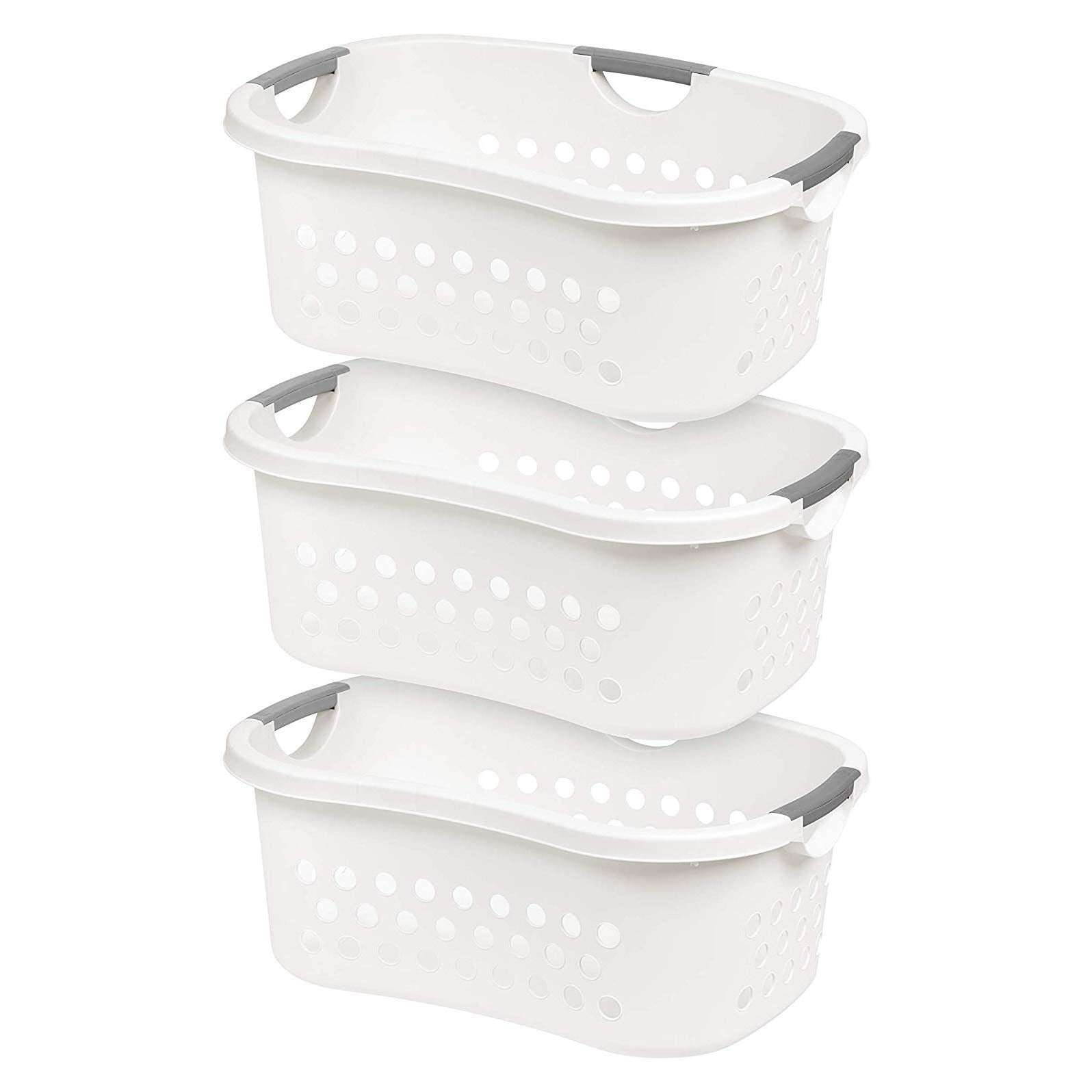 IRIS USA 50L Plastic Hip Hold Laundry Basket with Built-In Comfort Carry Handles, 3-Pack, 1.5 Bushel, Clothes Hamper, Laundry Hamper, Ventilation Holes, for Dorm Laundry Room Bedroom, White