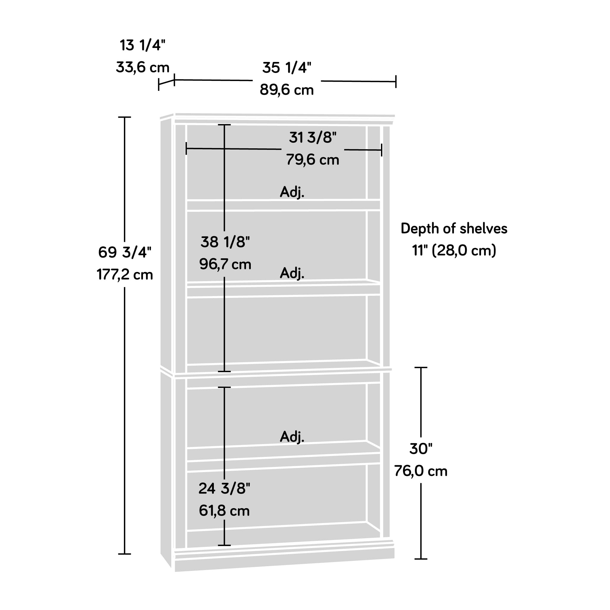 Sauder Miscellaneous Storage 5 Bookcase/Book Shelf, L: 35.28" x W: 13.23" x H: 69.76", Estate Black