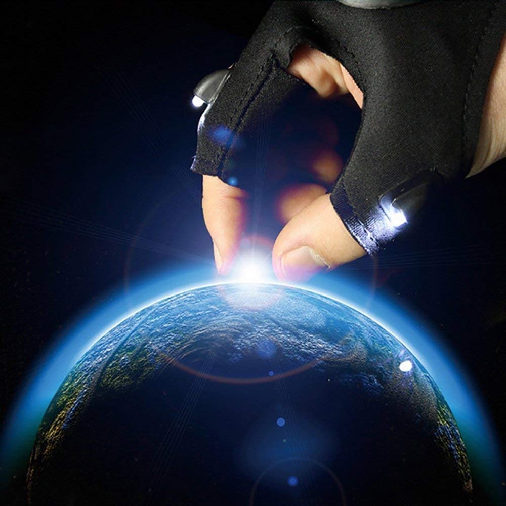 WIROJ BlueSunshine Fingerless 2 LED Flashlight Cycling Gloves, Torch Magic Strap Glove for Repairing,Working in Darkness Places, Fishing, Camping, Hiking and Outdoor Activities (1 Pair: Left & Right)