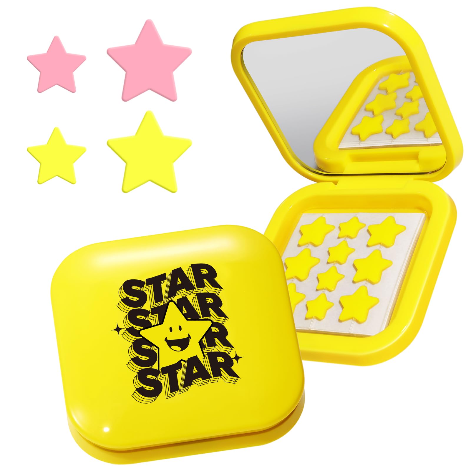 LitBear Cute Case with Pimple Patches for Face, Little Compact with Pink & Yellow Star Hydrocolloid Acne Patch, Blemish Patches, Zit Patches (120 Count)