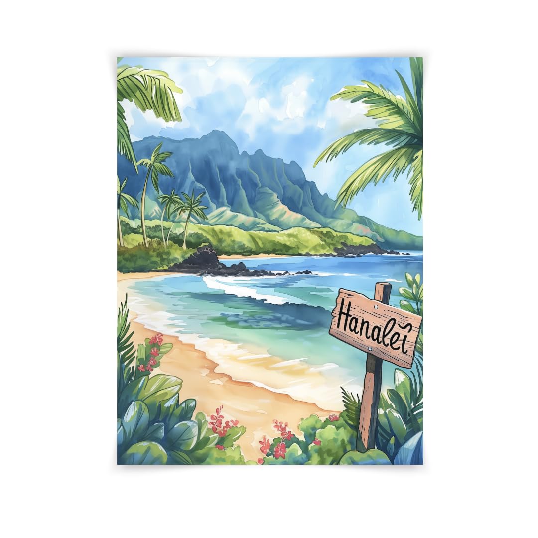 5x7 Hanalei Bay Watercolor Print, Hawaiian Tropical Beach Art, Kauai Decor, UNFRAMED