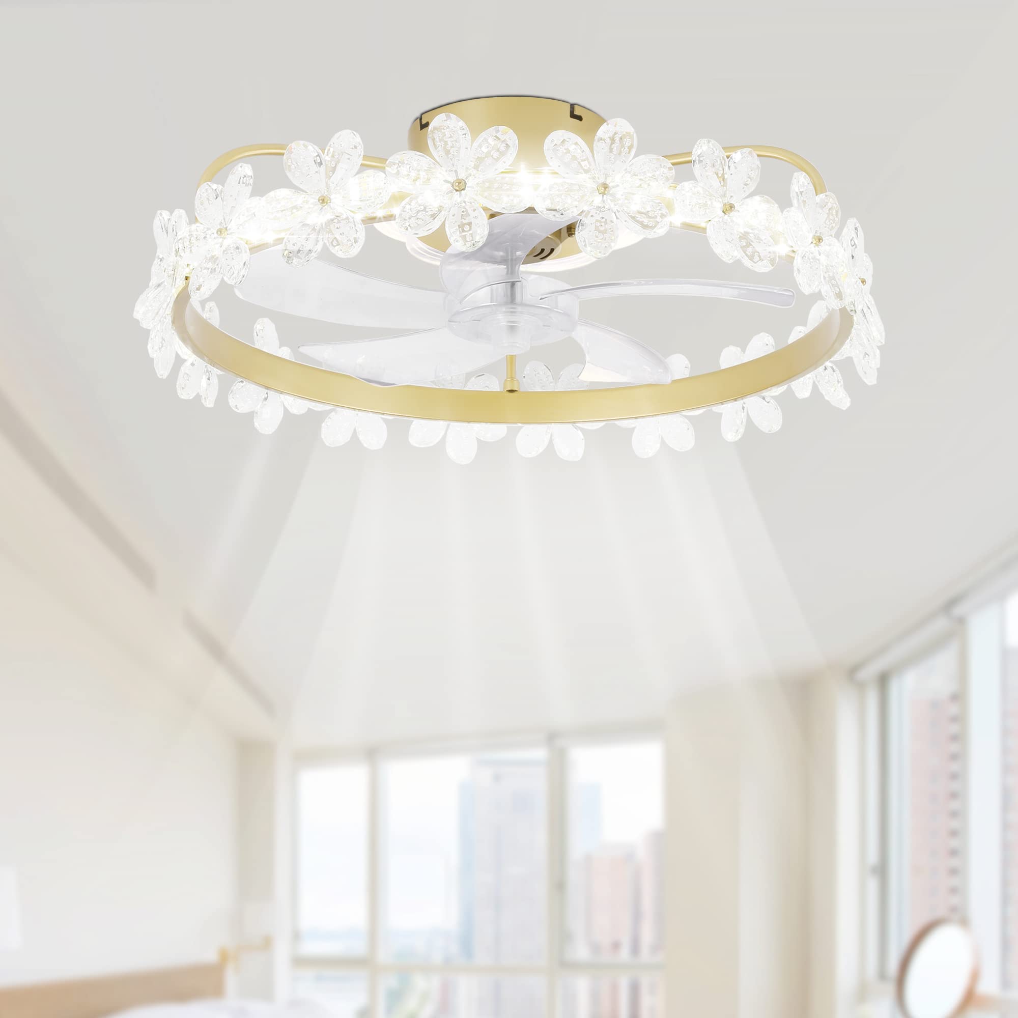 Oaks Aura Fandelier Ceiling Fan with Light and Remote, 22'' Dimmable LED, 3 Colors, 6 Speeds, Flush Mount Low Profile Small Ceiling Fan with APP Control for Kids Room Bedroom