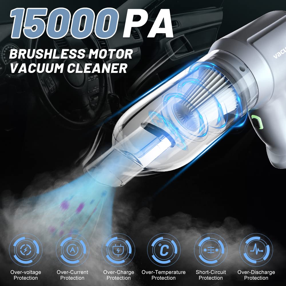 Tipcoo Cordless Car Vacuum Cleaner -3-in-1 Handheld Vacuum Cleaner with Brushless Motor, 15000PA High Power Mini Vacuum Cleaner for Car/Office/Home, to inflate/Deflate for Swimming Ring/Vacuum Bag