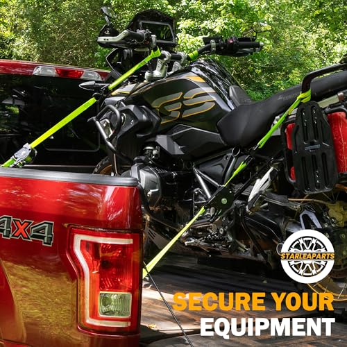 Motorcycle Tie Down Strap (4PK) - 2,100lb Break Strength Ratchet Tie Down Straps Set with 2 Bungee Cord, Soft Loop Ratchet Straps for Moving Appliances, Lawn Equipment, Cargo Straps for Trucks, Camo