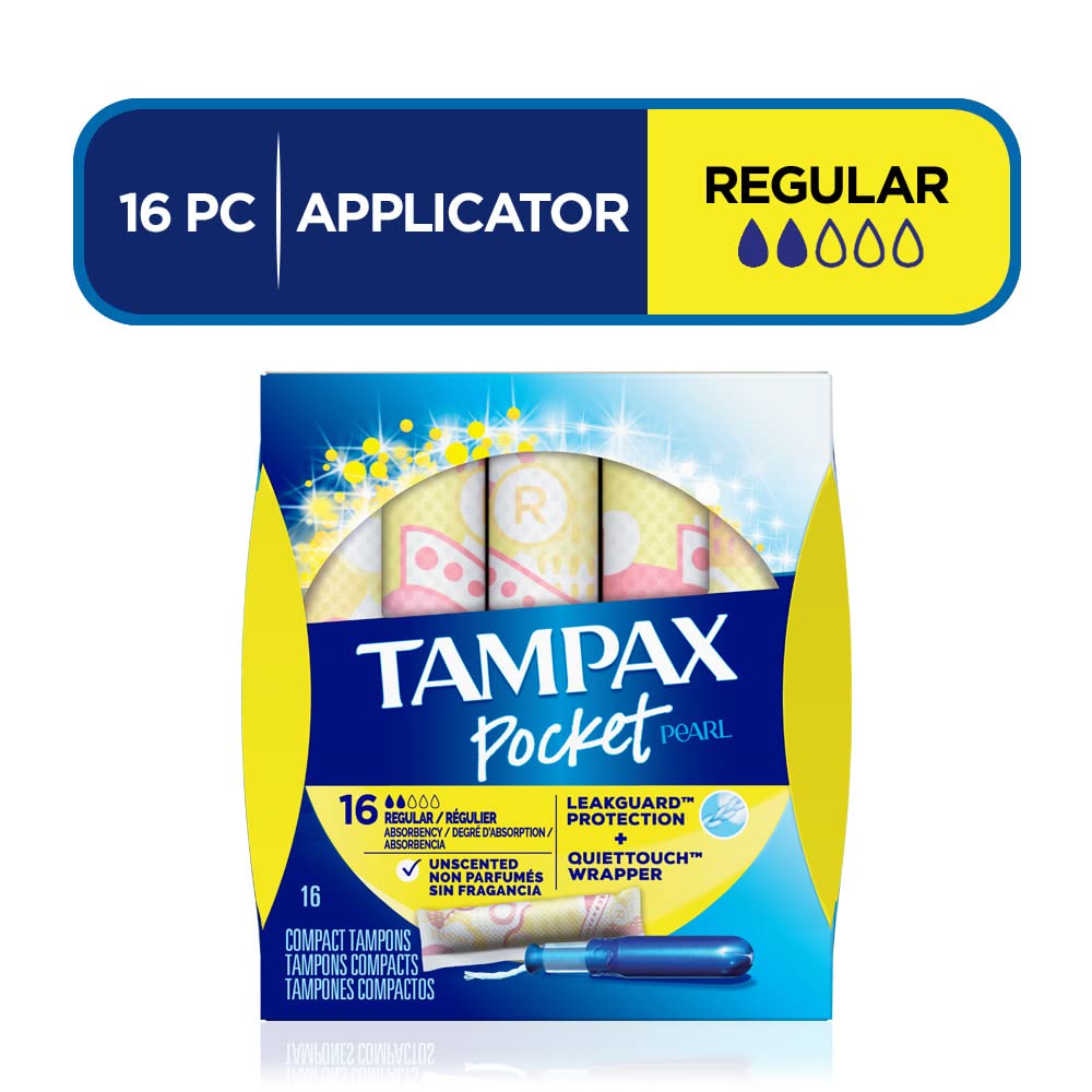 Tampax Pocket Pearl Tampons Regular Absorbency with LeakGuard Braid, Unscented, 16 Count