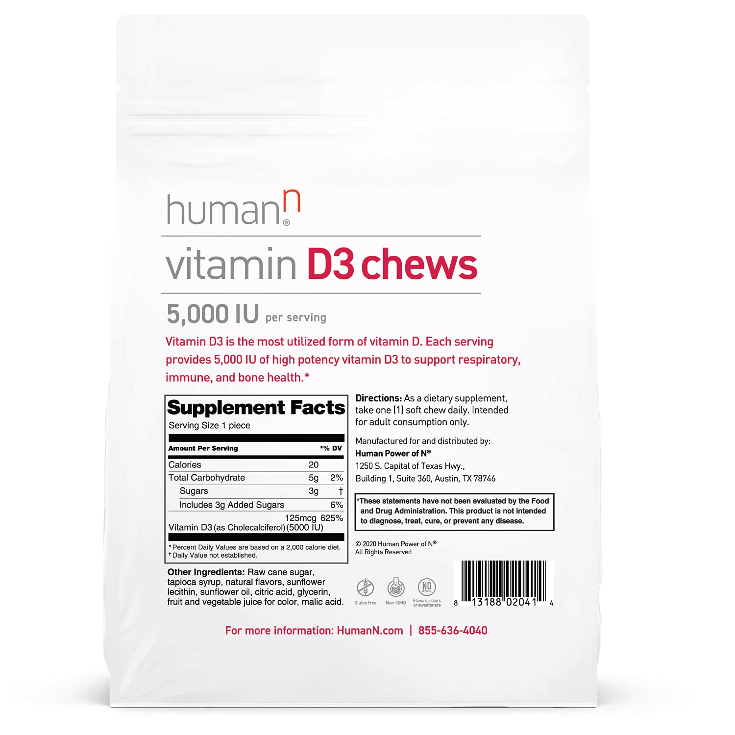 humanN Vitamin D3 Chews - High Potency Vitamin D3 5000iu (125mcg) Helps Support Healthy Mood, Immune Support, Respiratory Health & Bone Health, Mixed Berry Flavor, 30-Count