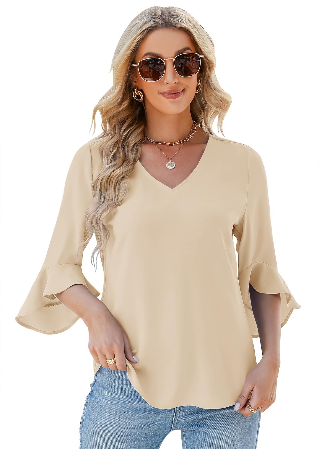 Qirno Womens Ruffle 3/4 Sleeve V Neck Chiffon Blouses Dressy Casual Loose Fit Business Tunic Tops Apricot S