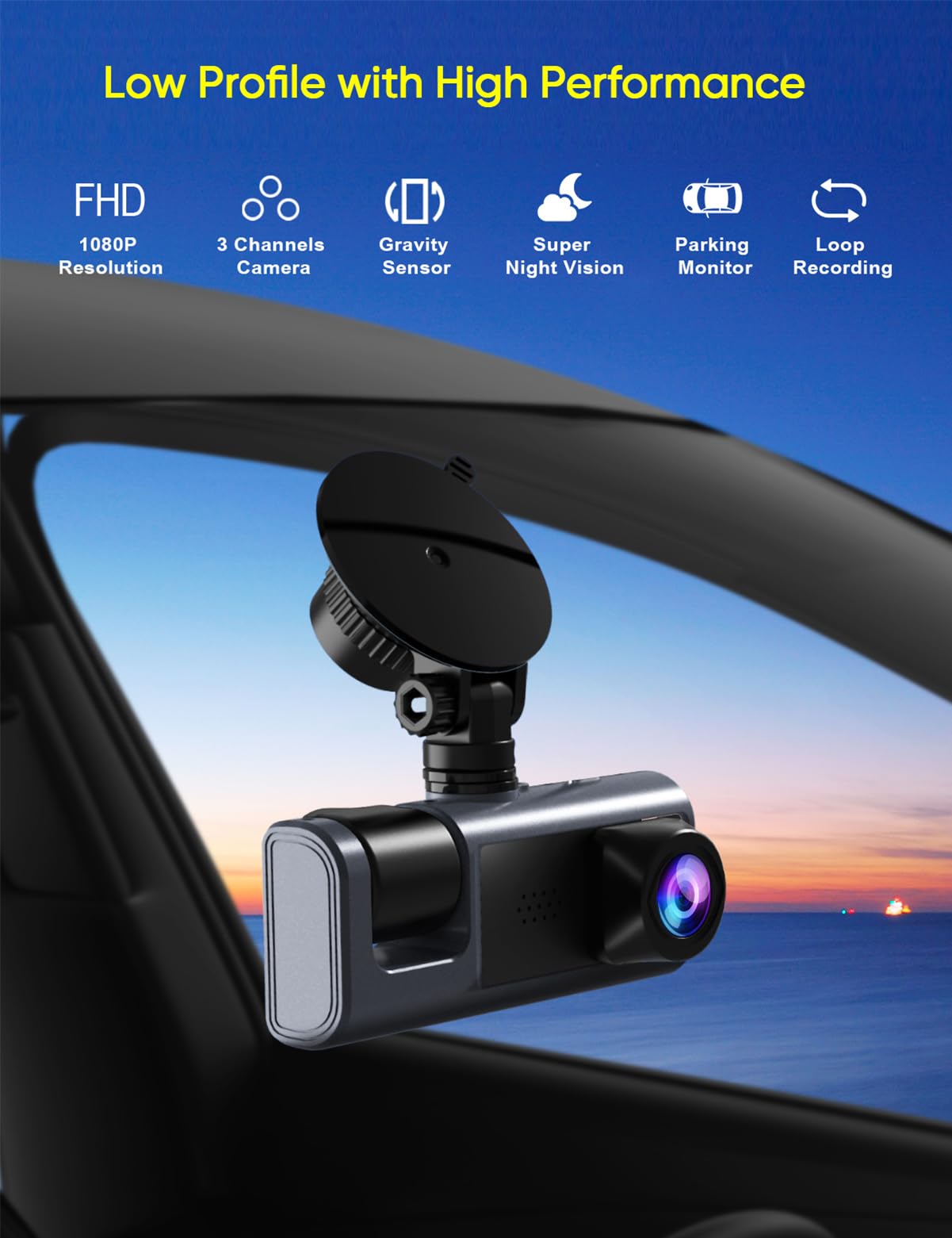 Galphi 3 Channel Dash Cam Front and Rear Inside, 1080P Dash Camera for Cars, Dashcam Three Way Triple Car Camera with IR Night Vision, Loop Recording, G-Sensor, 24 Hours Recording, Support 128 GB Max