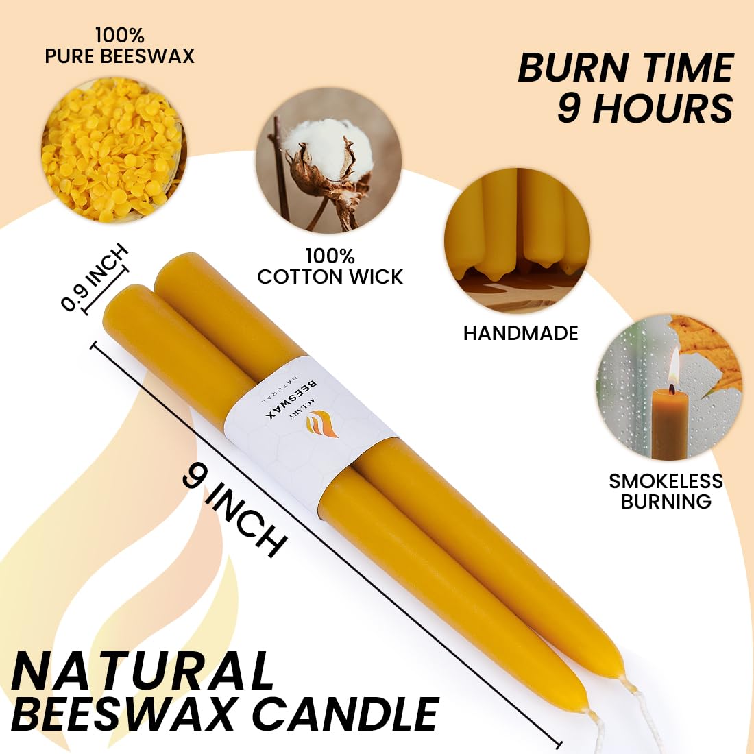 Aglary 2PCS Beeswax Taper Candles, 9" Handmade Natural Candles, Dripless and Smokeless，9 Hour Burn Time