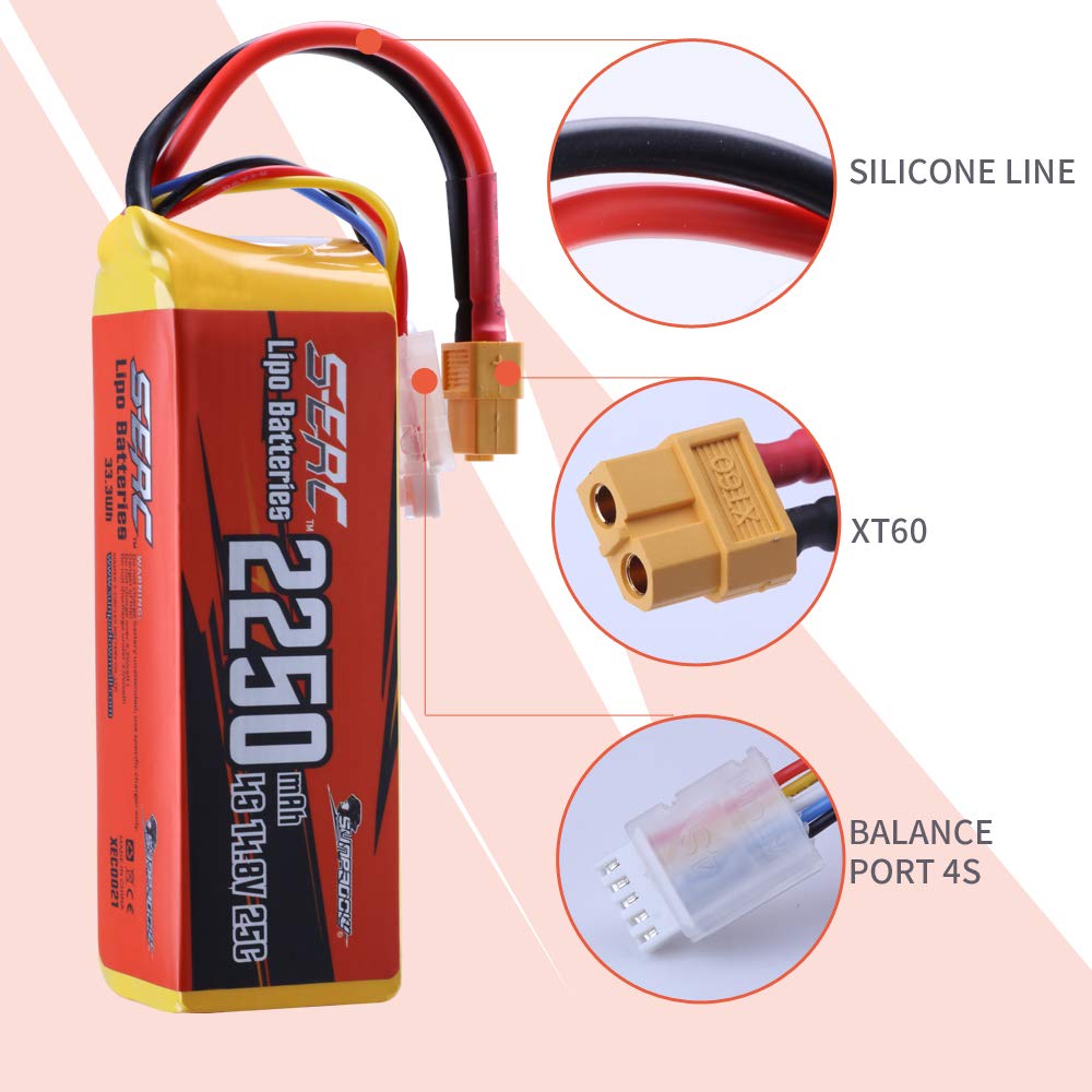 SUNPADOW 14.8V 4S RC Lipo Battery 25C 2250mAh with XT60 Connector Rechargeable for RC Airplane Quadcopter Helicopter Drone FPV Racing Hobby (2 Count)