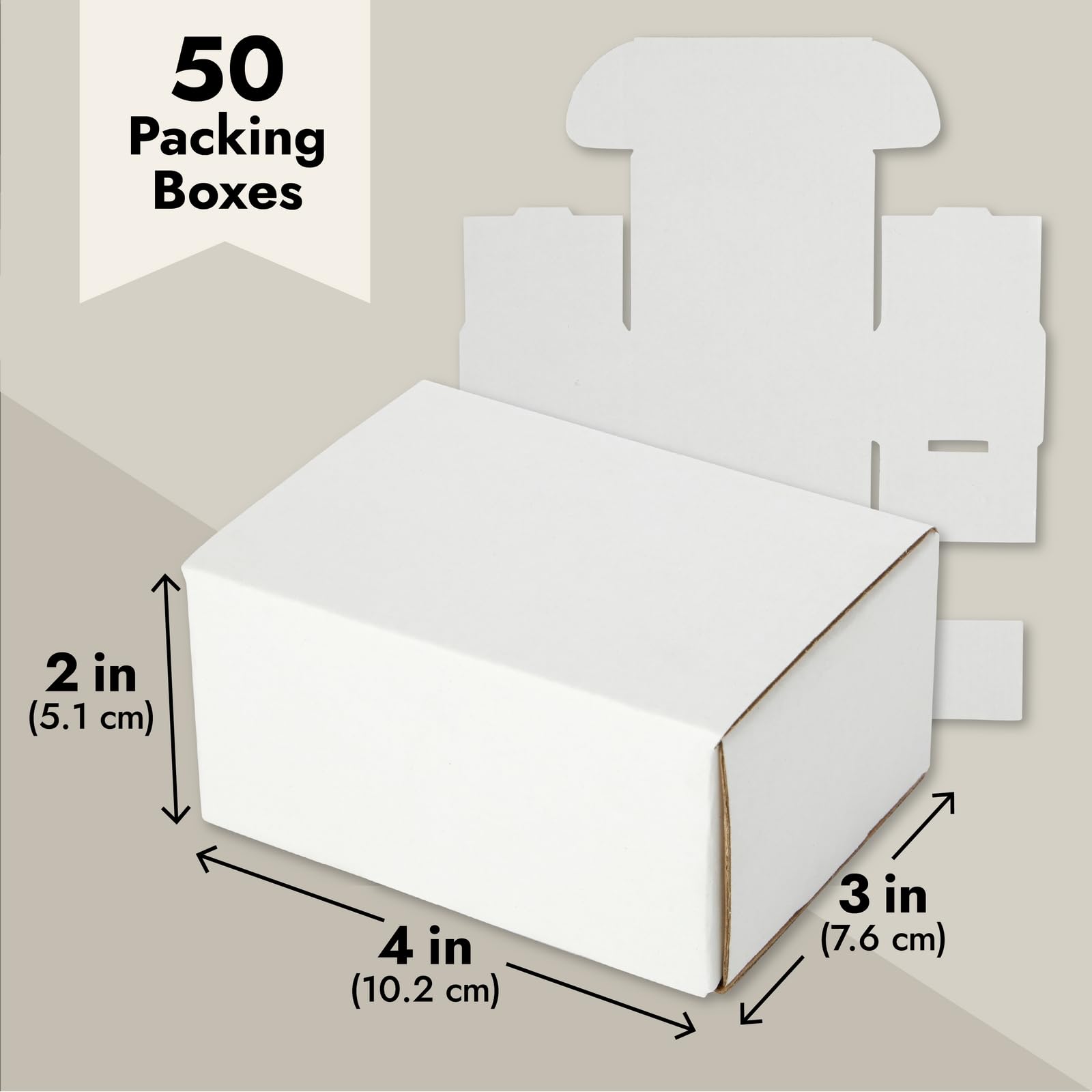 Stockroom Plus 50 Pack White 4x3x2 Corrugated Shipping Boxes - Foldable Small Business Card Boxes for Packing, Wrapping, Moving, Mailing, and Storage
