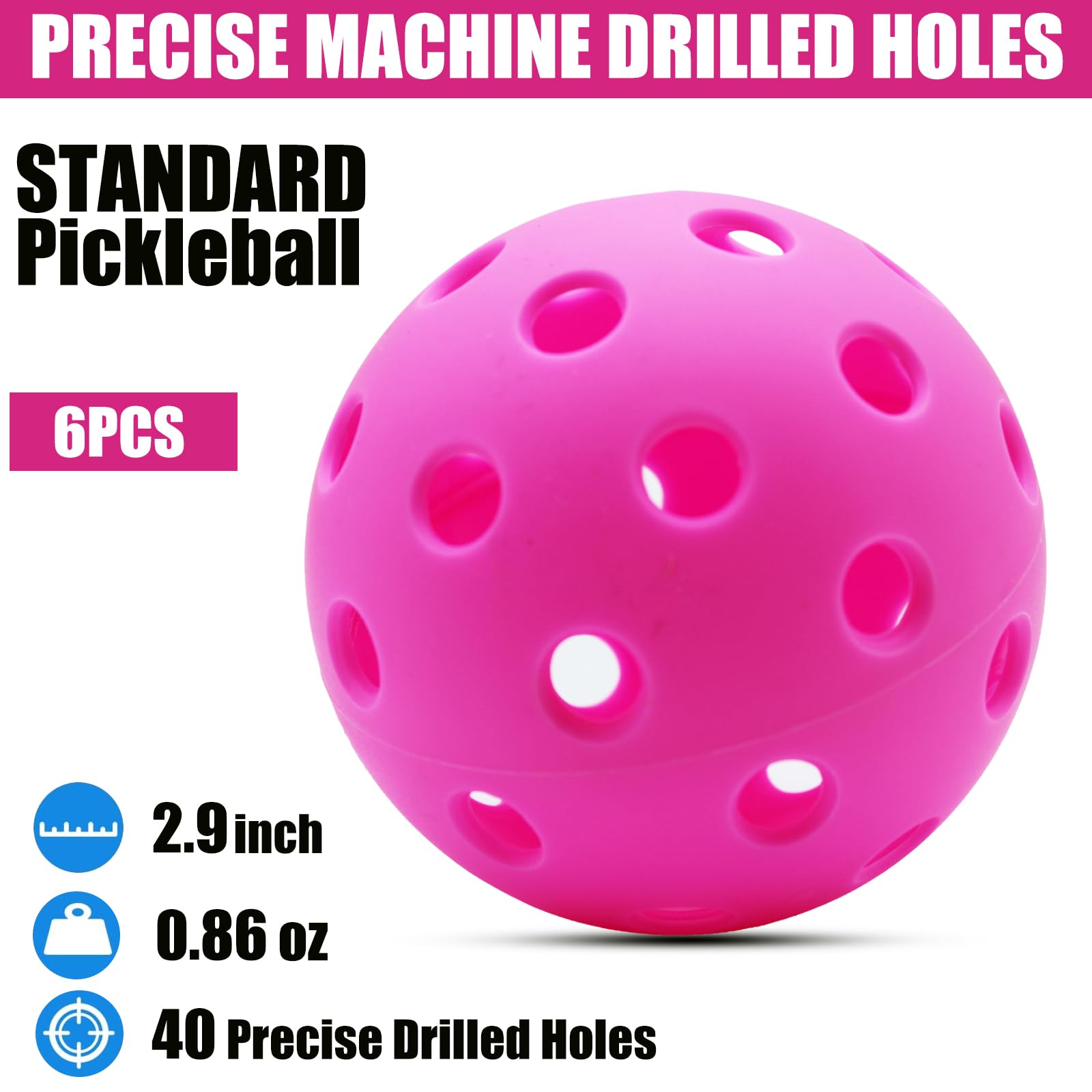 Magicorange Pickleball Balls, 6 Pack 40 Holes Outdoor Pickleballs, High Elasticity & Durable Pickle Balls for All Style Pickleball Paddles (Pink)