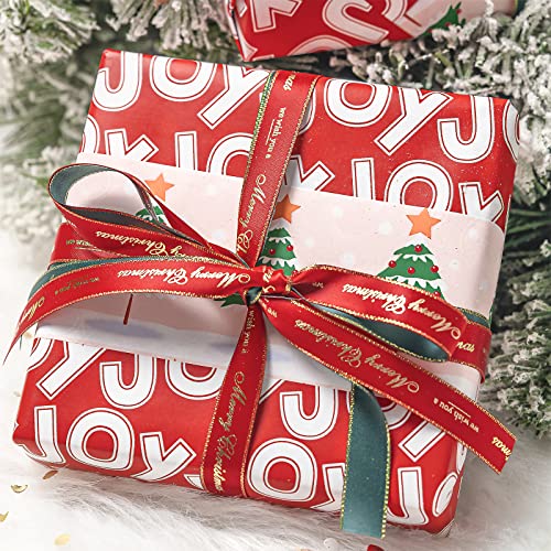 WRAPAHOLIC Reversible Christmas Wrapping Paper - Mini Roll - 17 Inch X 33 Feet - Christmas Tree and Joy Lettering Design for Holiday, Party, Celebration