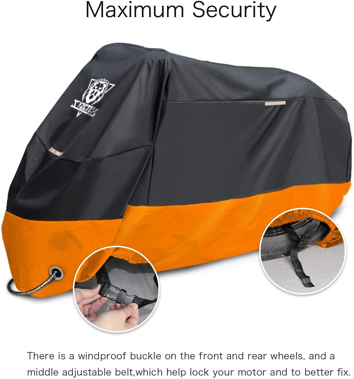 XYZCTEM Motorcycle Cover – All Season Waterproof Outdoor Protection – Fit up to 116 inch Tour Bikes, Choppers and Cruisers – Protect Against Dust, Debris, Rain and Weather(XXXL,Black& Orange)