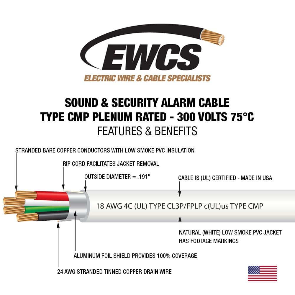 EWCS 18 AWG 4/C 100% Copper Str CMP Plenum Rated Shielded Sound & Security Cable - 1000 Feet - EWCS Spec - Made in USA!
