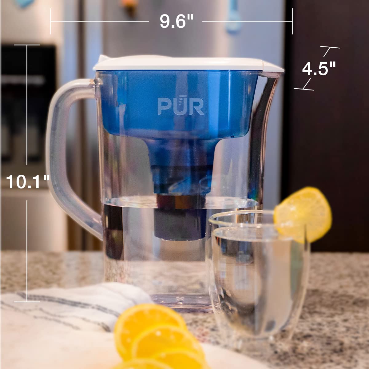 PUR 7-Cup Pitcher Water Filter with 1 Genuine PUR Filter- Small Capacity, 2-in-1 Powerful, Faster Filtration, Lasts 2 Months or 40 Gallons, Dishwasher Safe, White/Blue (PPT700W)