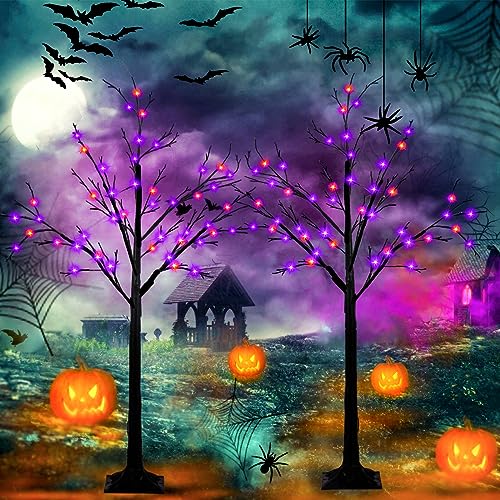 2-Pack 4FT Lighted Black Halloween Tree with 96 LED Orange & Purple Lights (Higher Size & Floor Standing), Halloween Decorations Spooky Tree for Indoor & Outdoor, Home Holiday Party Halloween Decor