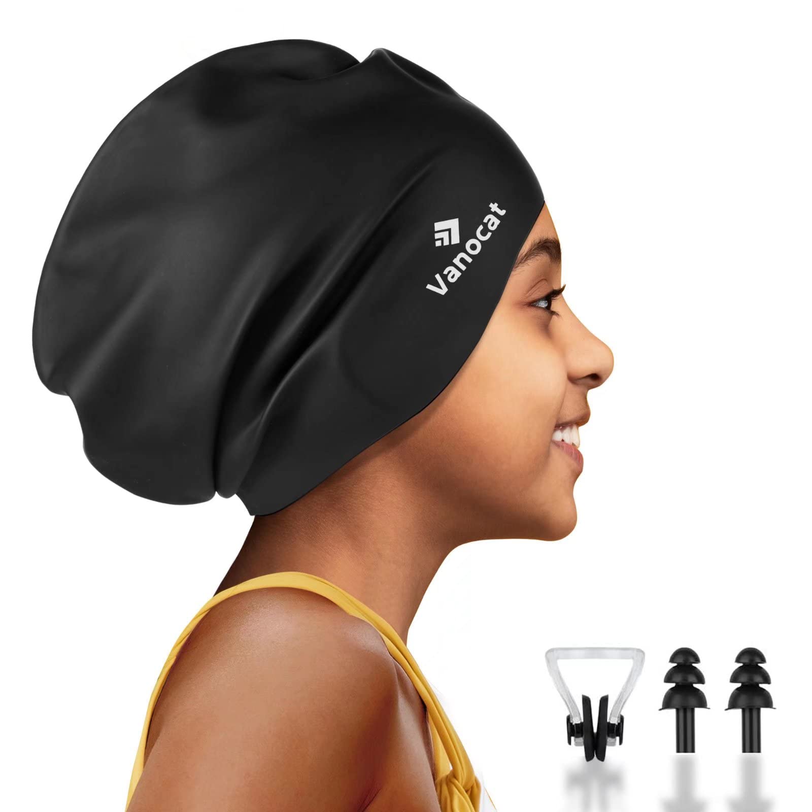 Kids Extra Large Swim Cap for Long Hair, Waterproof Silicone Swimming Caps for Boys Girls Children Youth Teen, Large Swim Hat for Long Thick Curly Hair & Dreadlocks Braids Weaves Afro Hair(Black)